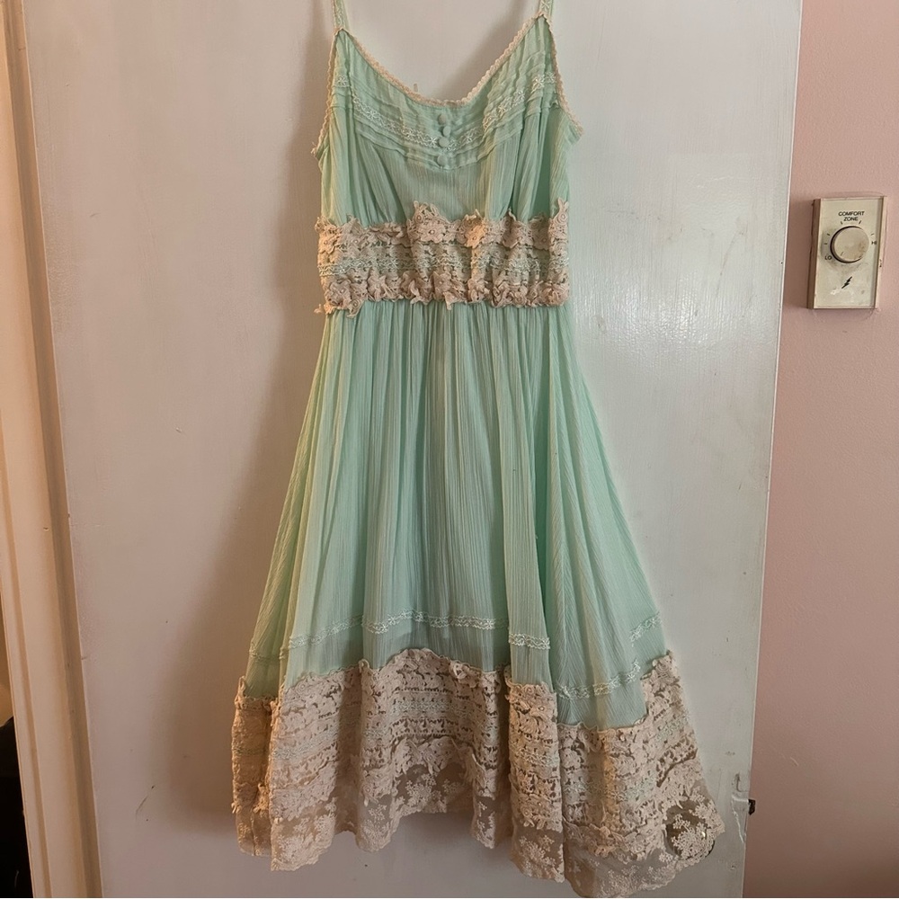 Whimsical Seafoam Mint Green Lace Spaghetti Strap Dress L
